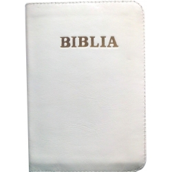Biblie lux imbracata in piele alba cu fermoar si index